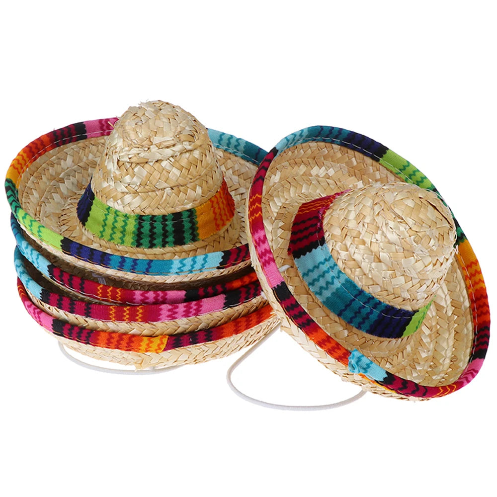 Colorful Mini Pet Dogs Straw Hat Sombrero Cat Sun Hat