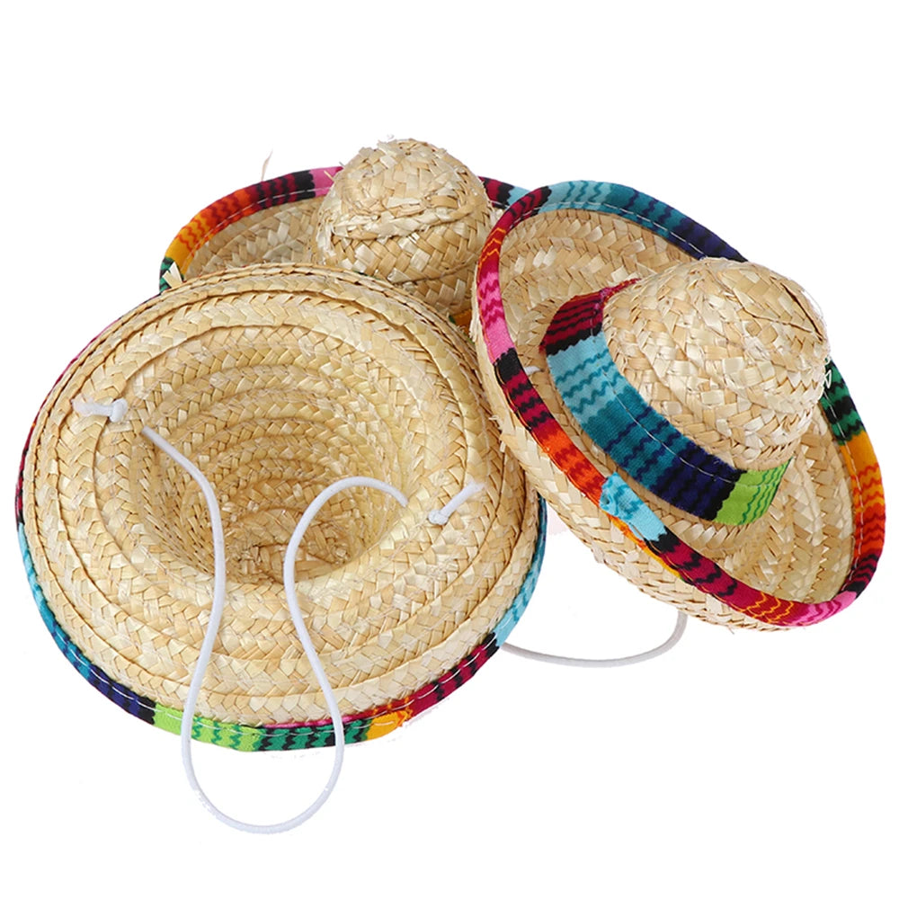 Colorful Mini Pet Dogs Straw Hat Sombrero Cat Sun Hat