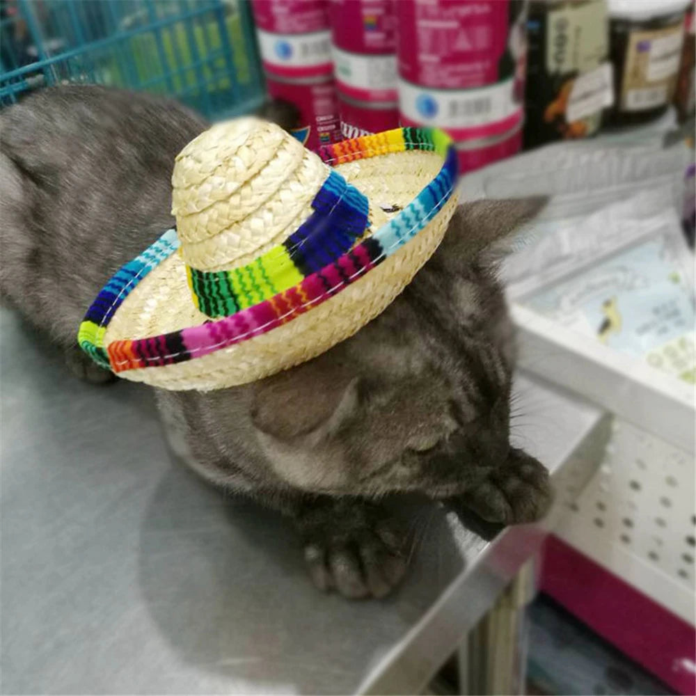 Colorful Mini Pet Dogs Straw Hat Sombrero Cat Sun Hat