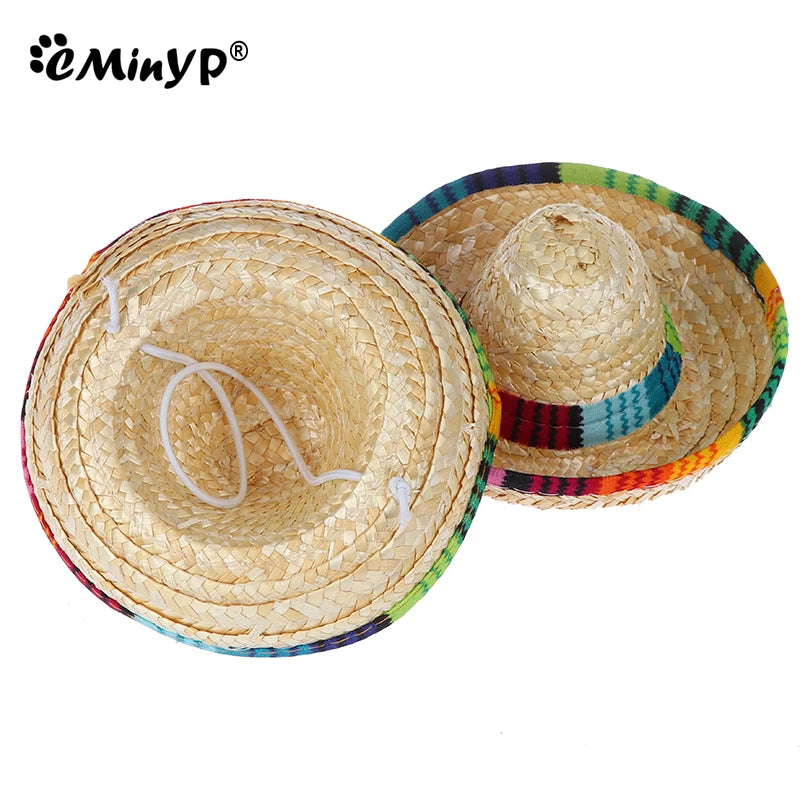 Colorful Mini Pet Dogs Straw Hat Sombrero Cat Sun Hat