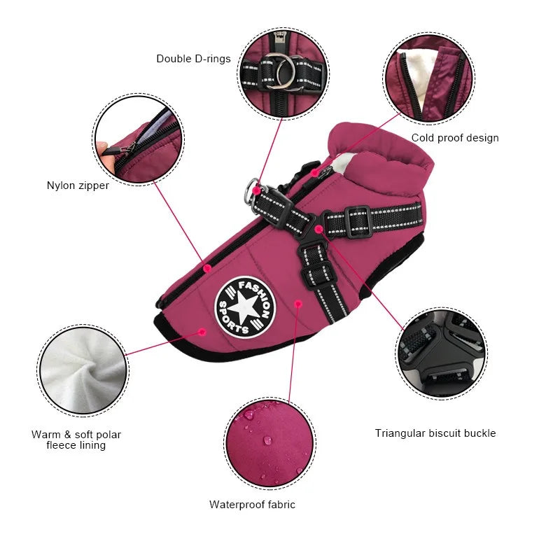 Pet Dog Jacket with Harness Ring Winter Warm Vest